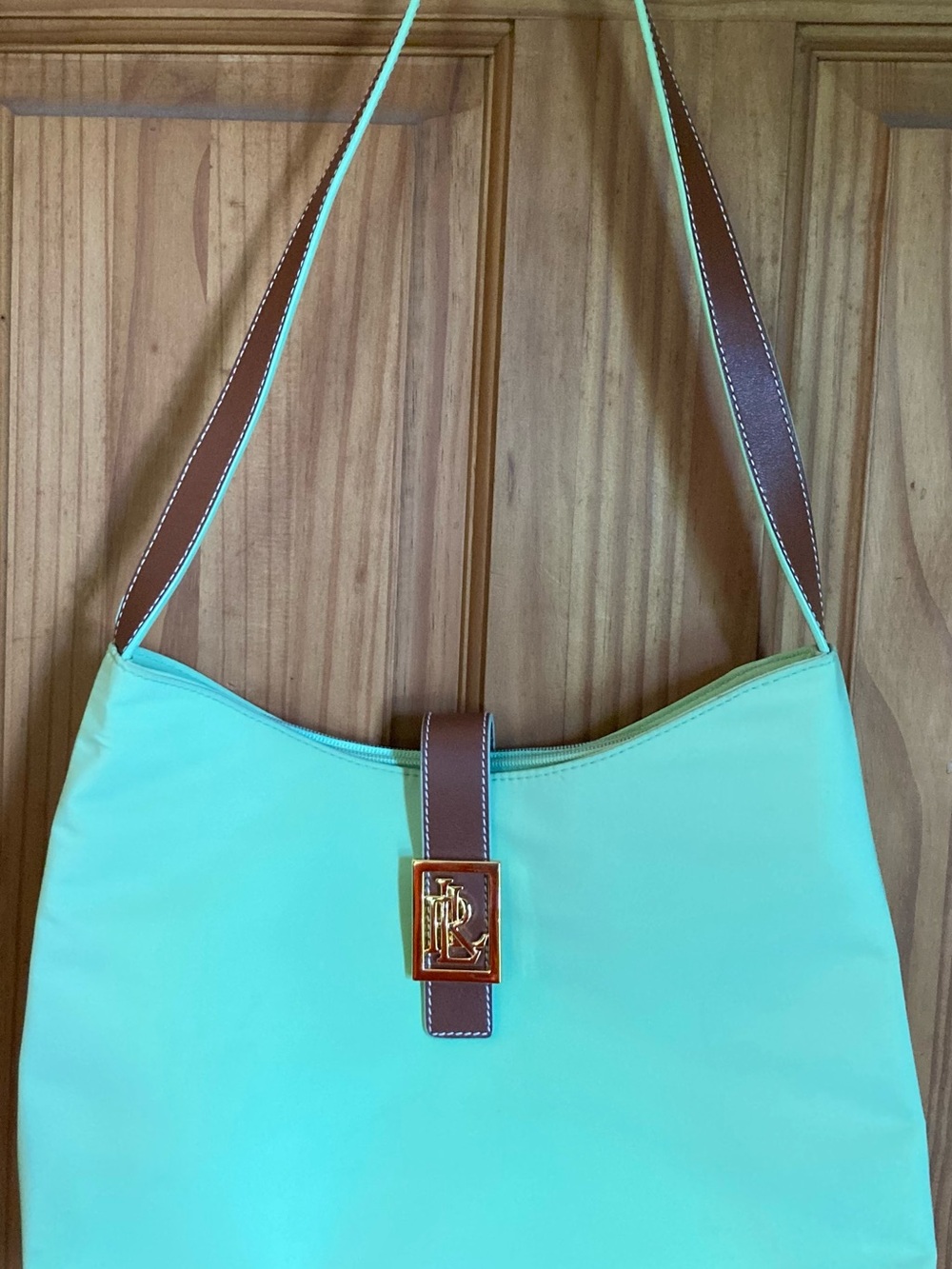 Ralph Lauren Lime Green Shoulder Bag with Brown Trim and Gold Hardware